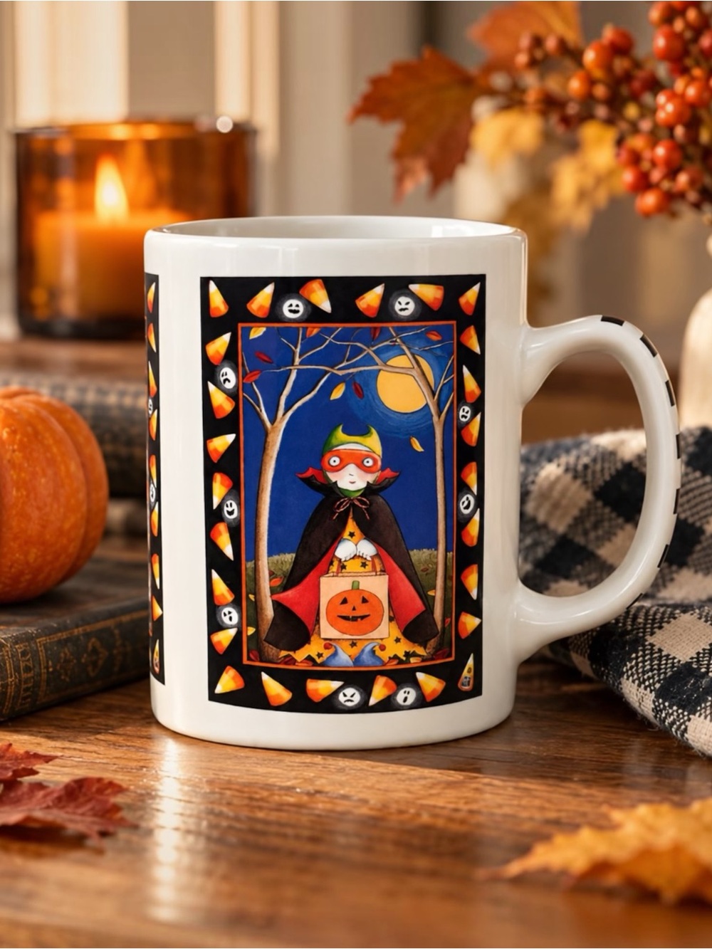 Mary Engelbreit Vintage Halloween Mug Trick or Treat Vampire Checker 12 Oz
